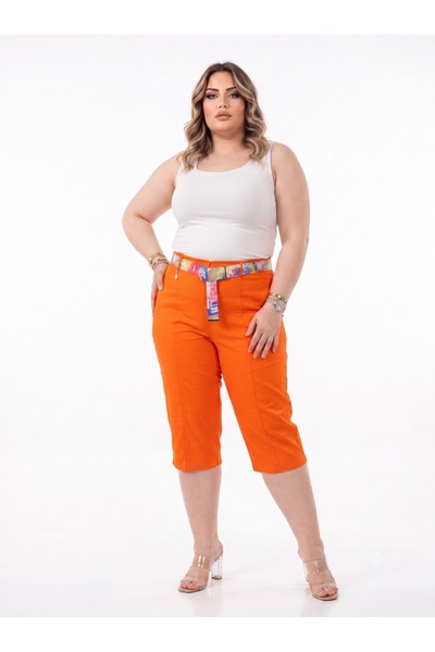 ZANESSİ FASHION Plus Size Belted High Waist Cotton Summer Capri