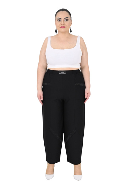 ZANESSİ FASHION Plus Size Elastic Waist Pocketed Lycra Stone Embroidery Detai...