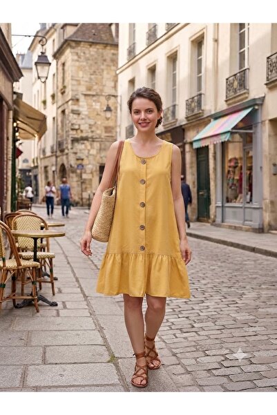 AYASOFYA OTANTIK Women's Patterned Button Detailed Pocketed Sleeveless Linen ...