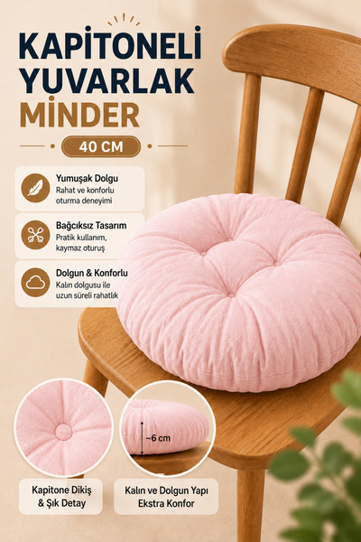 TOPCORN Tekli 40cm Yuvarlak Kapitoneli Yumuşak Dolgulu Sandalye Minderi Balko...