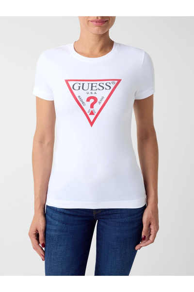 Guess New Short Sleeve Crew Neck Original Stone Embroidered Women's White T-S...