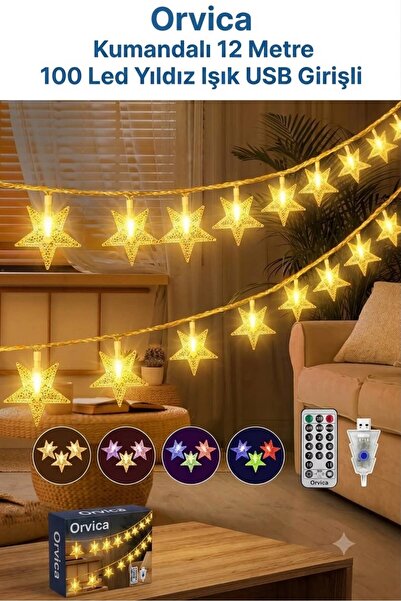 ORVİCA Kumandalı Yıldız Sarı Işık 8 Modlu 12 Metre 100 LED Yıldız Ev Bahçe Ba...