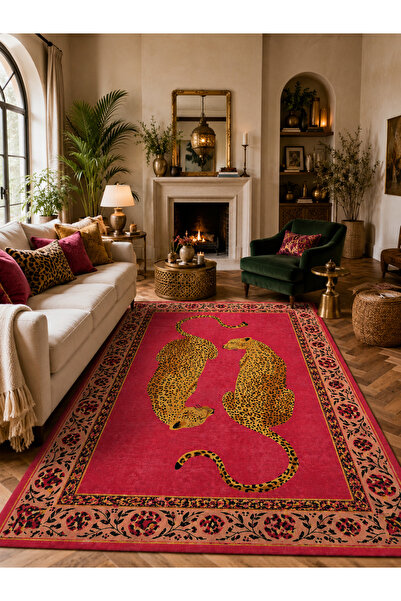 Homeilla İkiz Leoparlar Desenli Pembe Dekoratif Halı