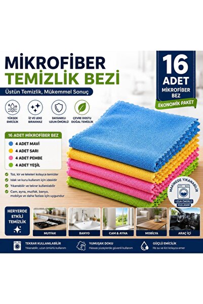 Duruper Kimya 16 Adet Mikrofiber Temizlik Bezi Çok Amaçlı Toz Alma Cam Mutfak...