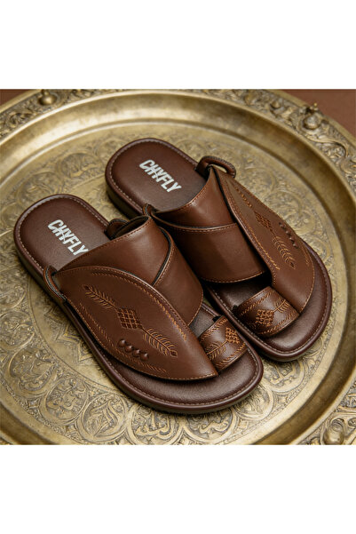 SAUDI STEPS Arab Style Embroidered Leather Men Sandals, Adjustable Toe Ring S...