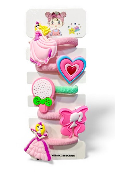 SHEKER HOME 5’li Kız Çocuk ve Kız Bebek Figürlü Renkli Lastik Toka Seti Pembe...
