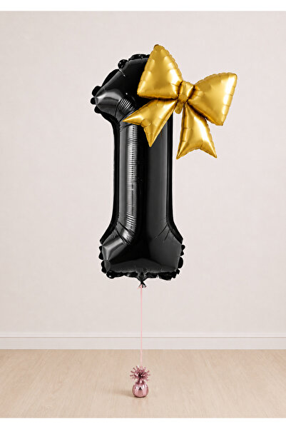 Balonsan -1- Age Black Number Gold Bow Foil Balloon Set