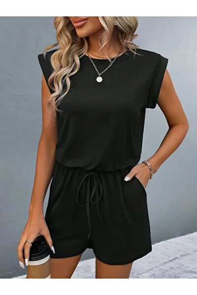 stelol Women's Short Sleeve Padded Waist Tie Short Viscose Jumpsuit