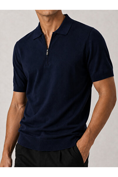 MODASPARK Navy Blue Polo Collar Zippered Short Sleeve Men's T-Shirt