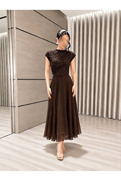 Jood Shiny Embroidered Evening Midi Dress and Chiffon Skirt Set
