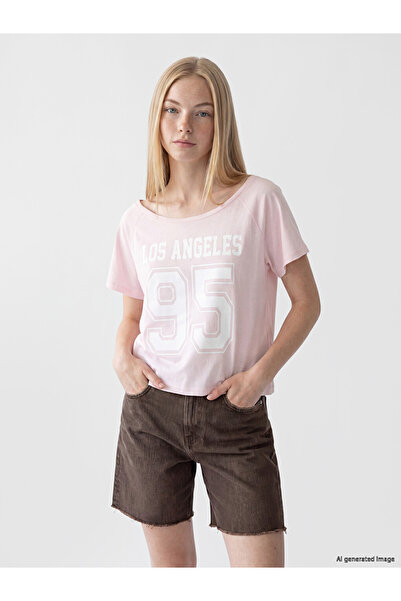 LC Waikiki Pink Los Angeles Printed 100% Cotton Women's T-Shirt