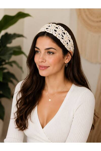 PİNKBAG Women's Ecru Sequined Cotton Thread Hair Band