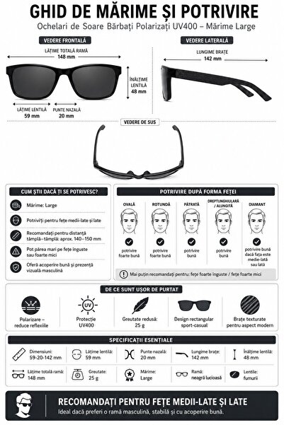 Globalport Retail Ochelari de soare polarizați UV400 pentru bărbați, ramă neagră lucioasă, lentile fumurii, mari, dreptunghiulari, sport casual