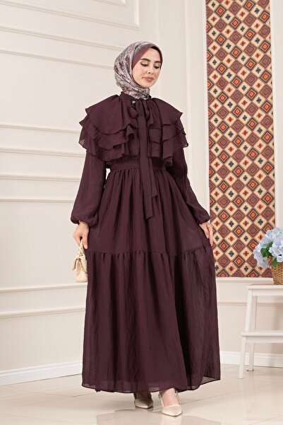 Sevitli Ruffle Detailed Roza Hijab Dress-Mürdüm
