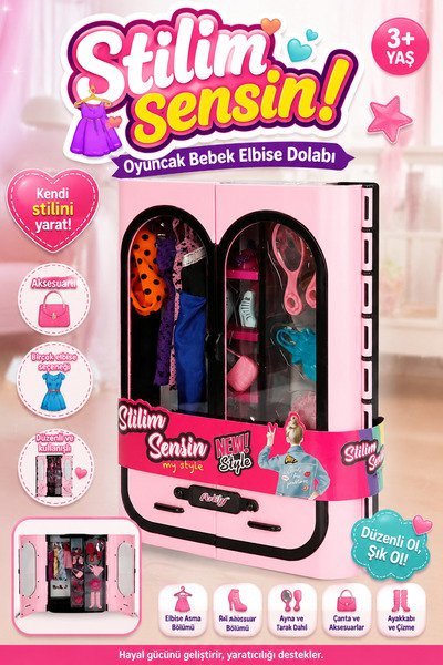craftivio Stilim Sensin Aksesuarlı Oyuncak Bebek Elbise Dolabı ve Gardırop Ev...