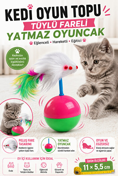 Hane Dostu Kedi Oyun Topu Tüylü Fareli Yatmaz Kedi Oyuncağı Yavru ve Yetişkin...