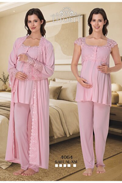 EM&FA TEKSTİL Maternity Nursing Detailed Pajama Set with Dressing Gown