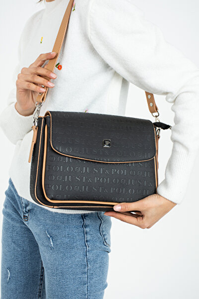 Just Polo Women's Black-Tan Hand and Shoulder Bag with Logo Print and Adjusta...