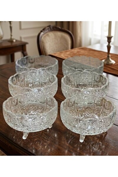 LUXURY Classic Crystal Embossed Design Glassware 6-Piece Dessert Bowl Set wit...