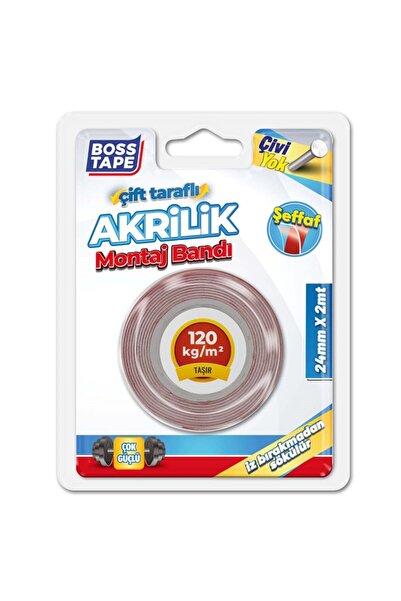 Boss Tape Bandă de montaj acrilică, cu două fețe, transparentă, 120 kg, 24 mm...