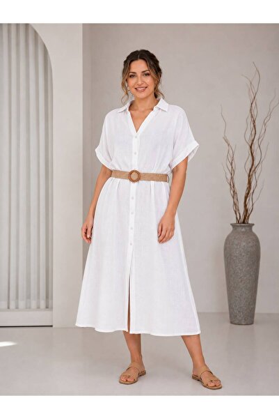 MENSAR OTANTİK Straw Belt Detailed Buttoned Cotton Dress 📍 38/48 Size Compat...