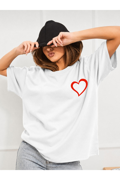 DEEPSENCE Women's White Oversize T-Shirt Red Minimal Heart