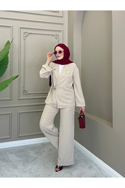ALLİNOFFİCİAL Crepe Button Detailed Suit Beige
