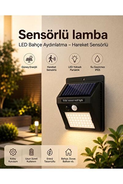 TakÇalıştır Sensörlü Güneş Enerjili LED Duvar Lambası Bahçe ve Balkon Aydınlatma