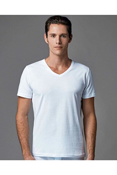 Eros Men's 100% Cotton V-Neck Short Sleeve 2-Piece T-Shirt Undershirt - White