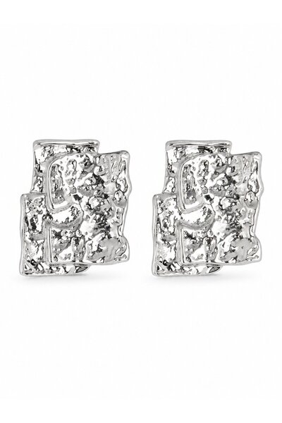 serelya Brass Silver Color Embroidered Square Plate Model Women's Earrings