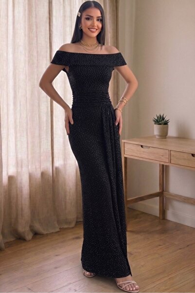 Aysan Moda Off Shoulder Draped Glitter Evening Dress