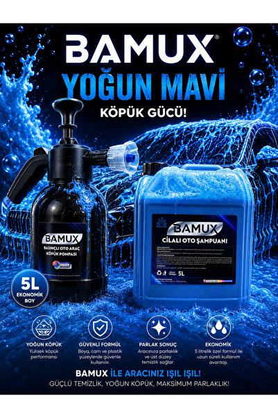 Bamux 5 Lt Yoğun Mavi Köpük + Köpük Pompası | Cilalı Yoğun Köpük | Boya Dostu...
