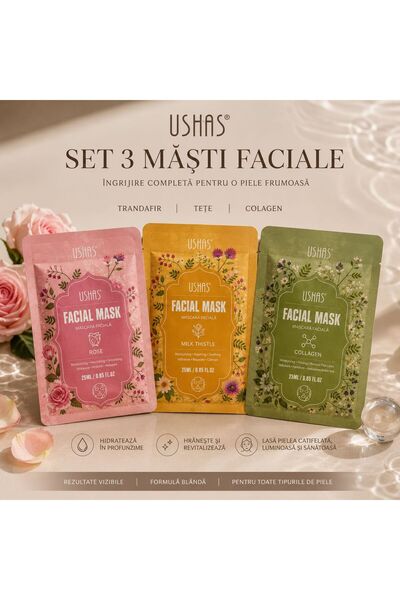 Ushas Set 3 Măști Faciale – Trandafir, Castravete & Colagen