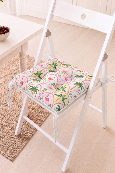 Home Flamingo ve Palmiye Desenli Pofidik Sandalye Minderi - Tropikal Retro Ba...