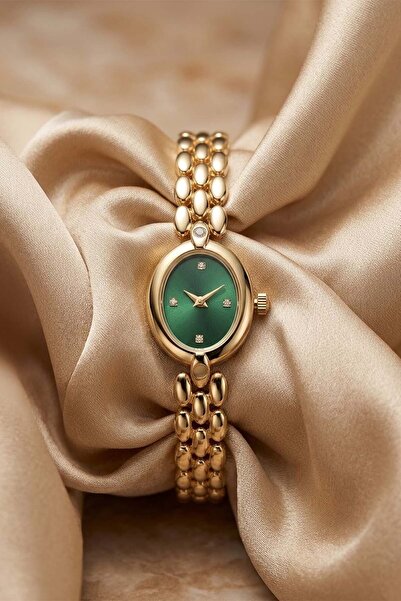 GANYMET Calios Women's Gold Steel Band Emerald Green Dial Stone Detailed Vint...