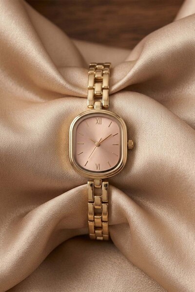 GANYMET Colliss Women's Gold Steel Band Powder Pink Dial Minimal Vintage Luxu...