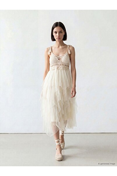 LC Waikiki Lcw Comfort White V-Neck Lace Tulle Dress with Rope Straps