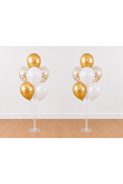 Balonsan Transparent White Chrome Gold Gold Sequin 14 Balloons 7 Balloon Stan...