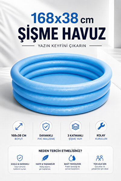 NeoThings 168X38 cm Şişme Tabanlı Mavi Dayanıklı 3 Katmanlı Oyun Havuzu PVC K...
