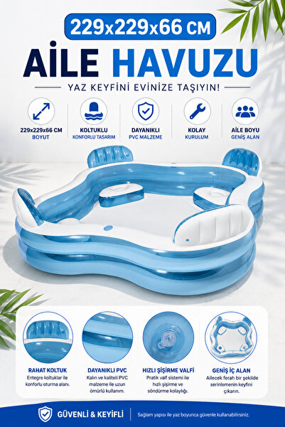 NeoThings Şişme Koltuklu Aile Havuzu 229x229x66 cm Büyük Boy Havuz Dayanıklı ...