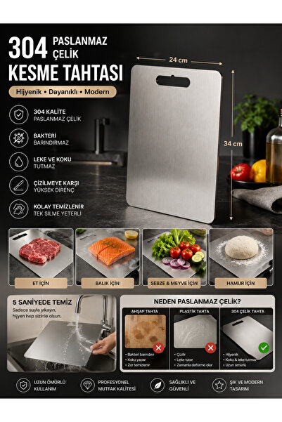 SürLaz 304 Stainless Steel Cutting Board 24X34 cm Hygienic Odor-Free Double-S...