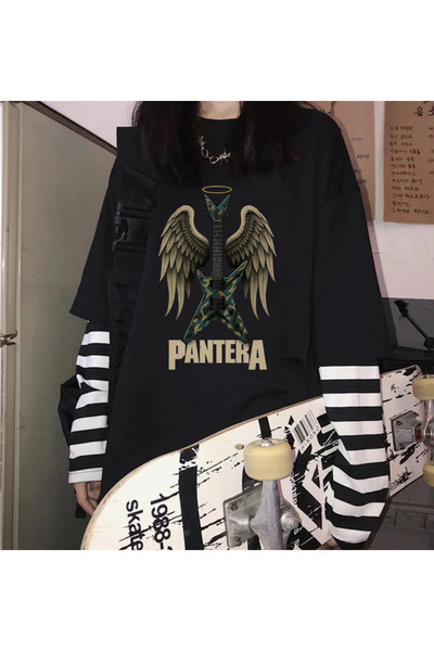 dompulerimoda Pantera Angel Printed Fake Sleeves Oversize Unisex Black T-Shirt