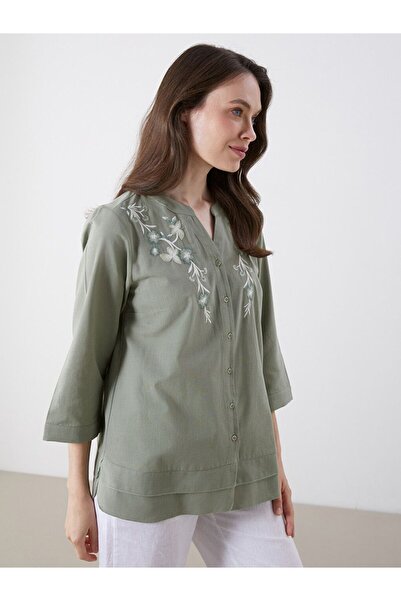 LC Waikiki Lcw Grace Green Collared Blouse with Floral Embroidery