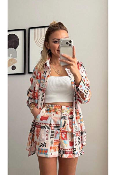 İNVİSUS Metal Sun Pattern Belted Shirt Shorts Set