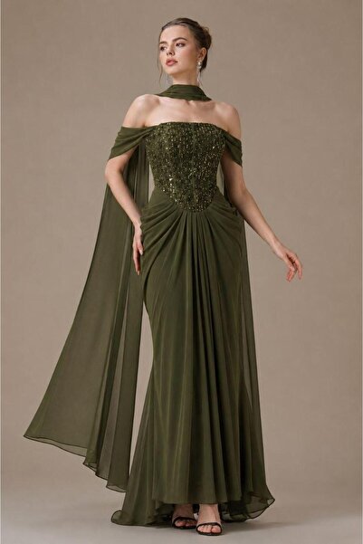 Mar style Luxury Embroidered Corset Maxi Gown Evening Dress with Draped Shawl