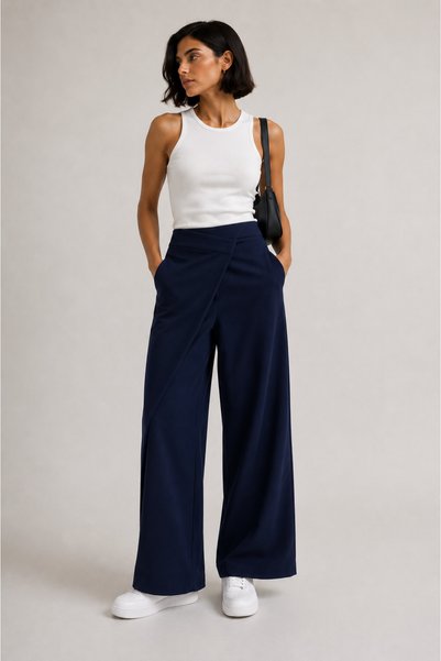 CrepTekstil Crep Women's High Waist Wide Leg Double Fabric Pants with a Double Breasted Look
