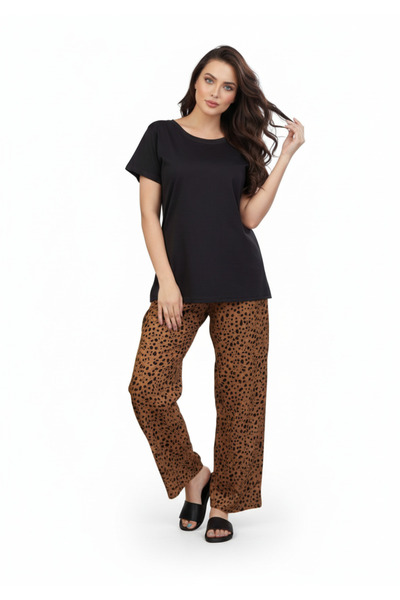 RIZQE Black T-Shirt Brown Speckle Dot Print Pajamas Set | Loungewear | Rayon ...