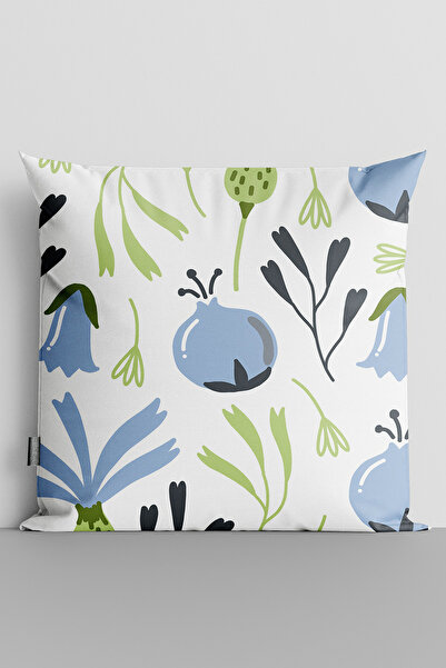 TicaretJet Blue Flowers and Leaves Double Sided Digital Printed Throw Pillow ...