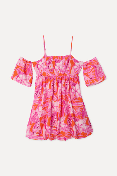 Mudo Kadın Pembe Floral Desenli Düşük Omuz Kloş Mini Elbise