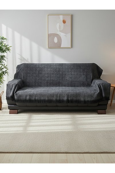 Myevilla Husă de canapea My Evilla Antracit, modernă, cu textură elegantă și franjuri, cu bază antiderapantă pentru canapea 1